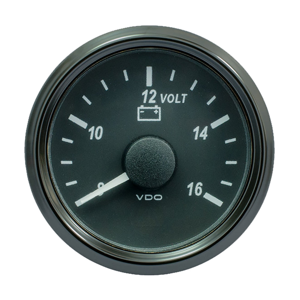 VDO SingleViu 52mm voltmeter gauge for 12V systems, showing electrical voltage reading on a black dial with white markings.