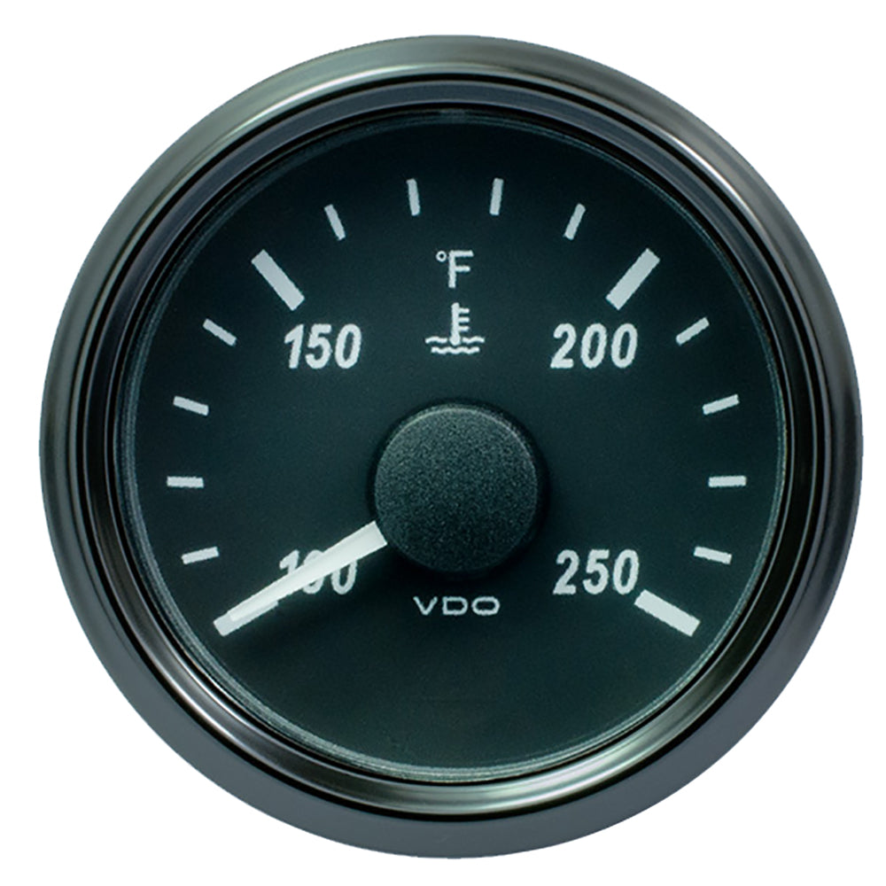 VDO SingleViu 52mm water temperature gauge showing 250°F with black dial and silver bezel for automotive monitoring.