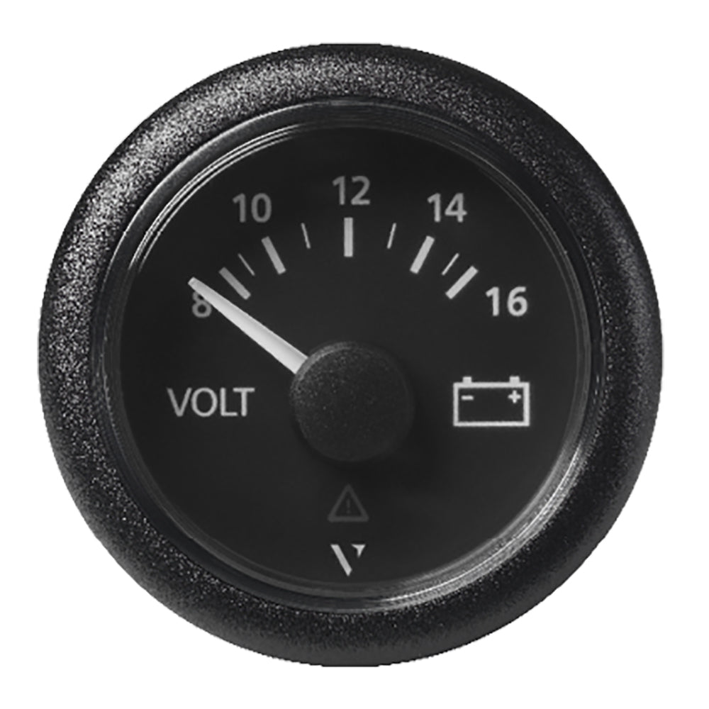 Veratron 52mm ViewLine voltmeter with black dial bezel, measuring 8 to 16 volts, gauge for vehicle or marine use.