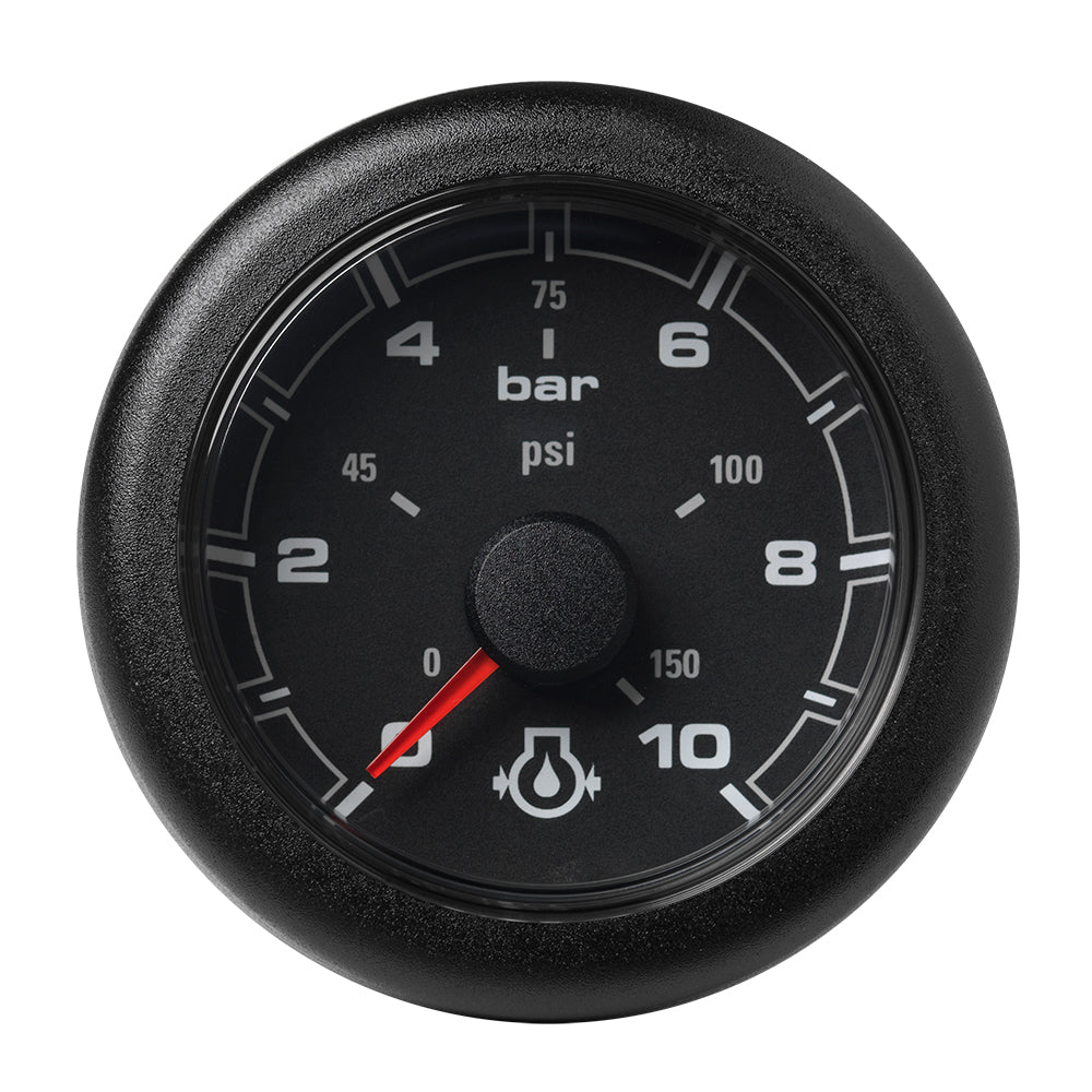 Veratron 52mm OceanLink engine oil pressure gauge with black dial bezel, 10 bar (150 PSI) pressure measurement.
