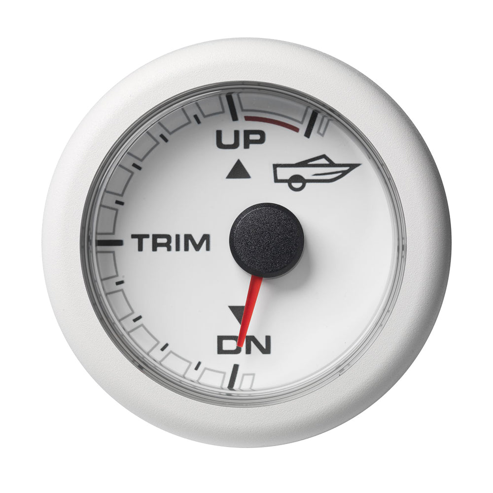 Veratron 52mm OceanLink engine trim gauge with white dial and bezel, showing up/down control and detailed markings.