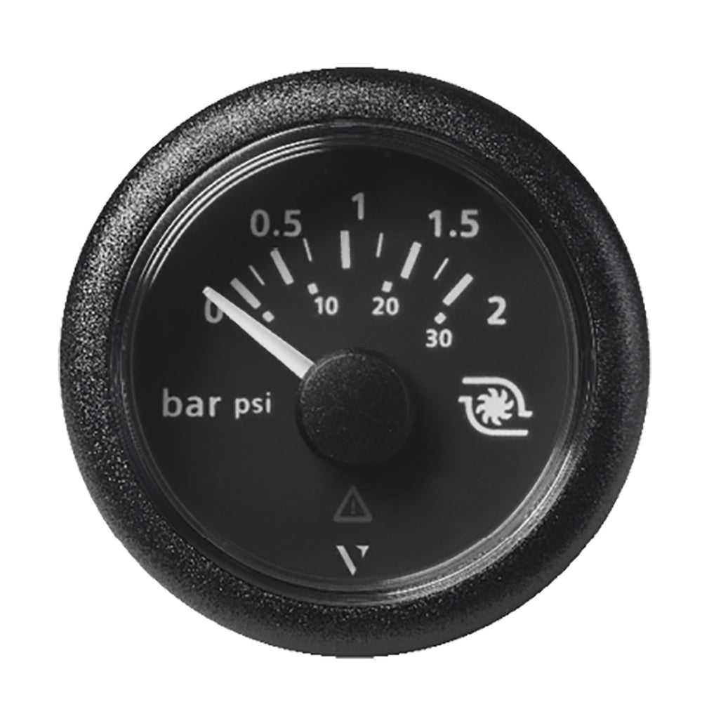Veratron 52mm black dial ViewLine boost pressure gauge with round bezel, 2 bar/30 PSI measurement for automotive use.