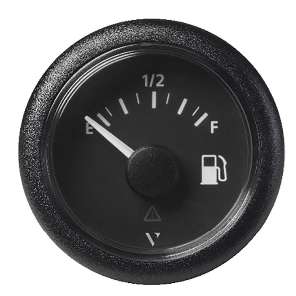 Veratron 52mm ViewLine fuel level gauge with black dial, round bezel, displays empty to full, 240-33.5 ohm resistance, round shape.