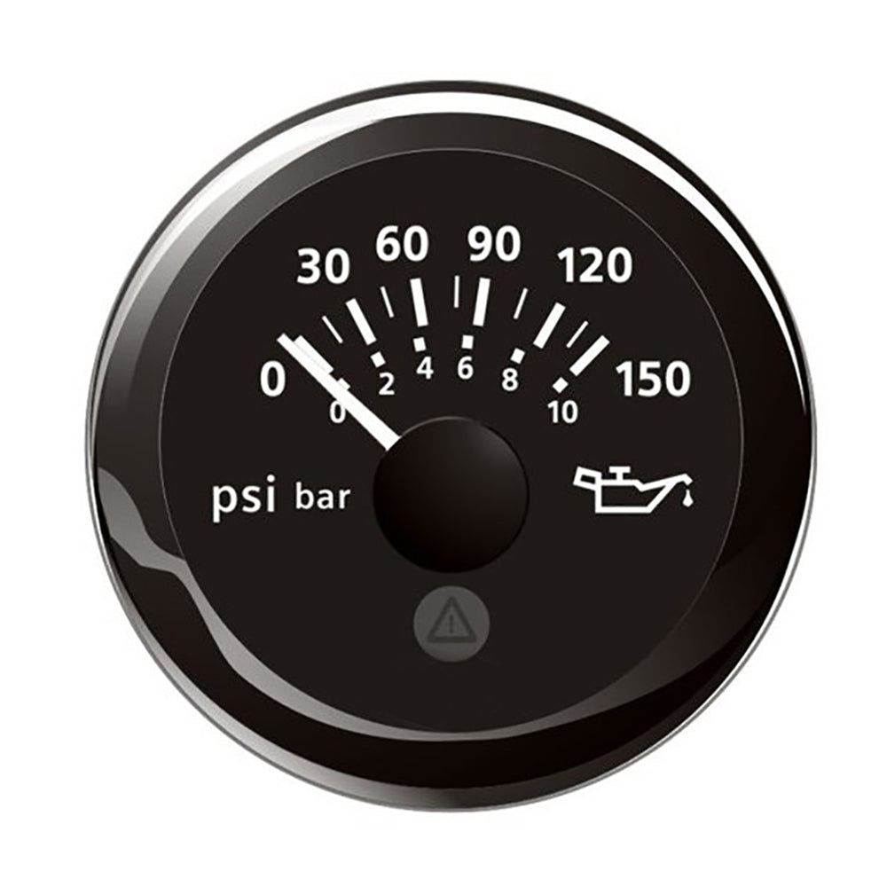 Veratron 52mm ViewLine oil pressure gauge with black dial, round bezel, measuring 0 to 150 PSI, suitable for automotive use