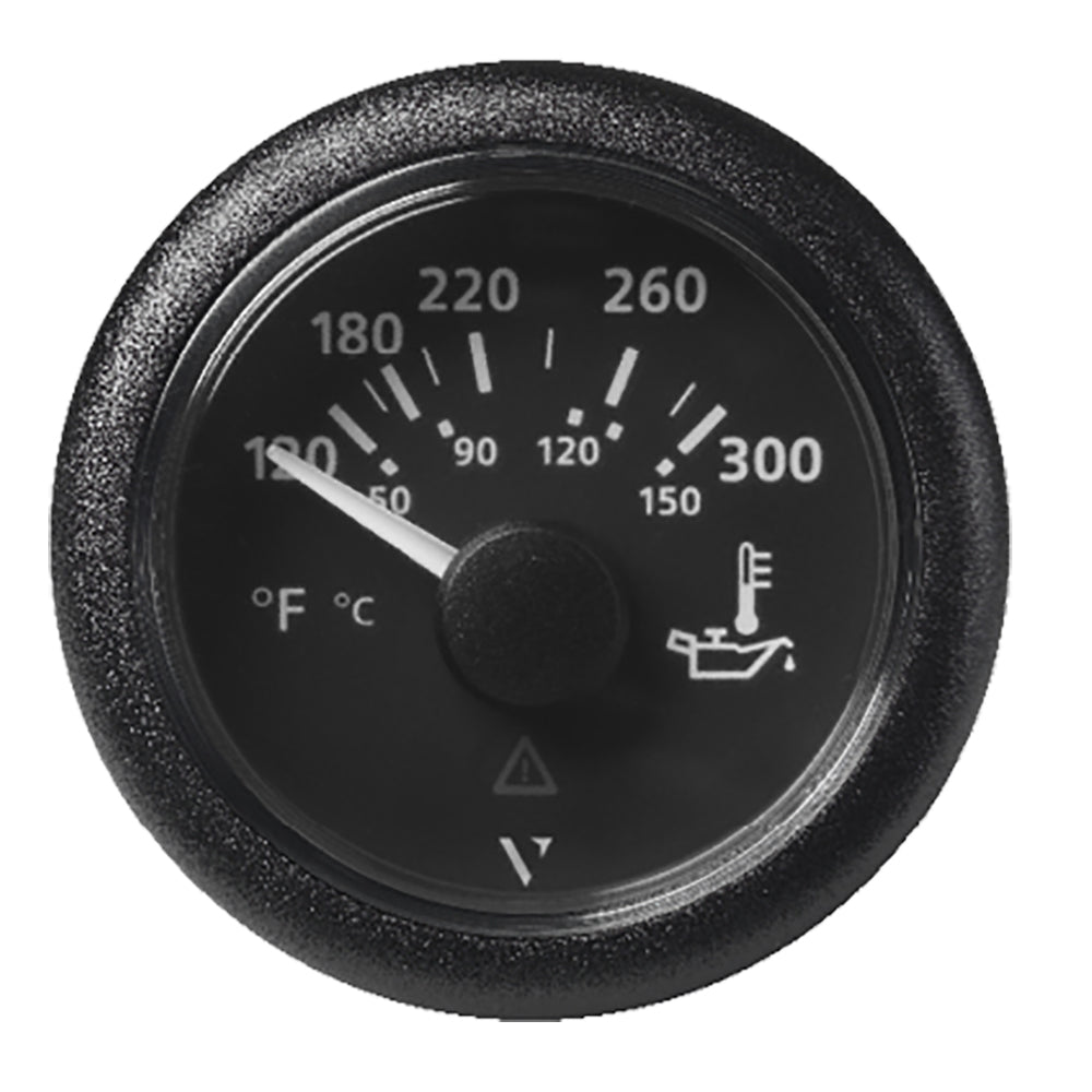 Veratron 52mm ViewLine Oil Temperature Gauge with black dial bezel, measuring 120-300°F, for vehicle engine monitoring.