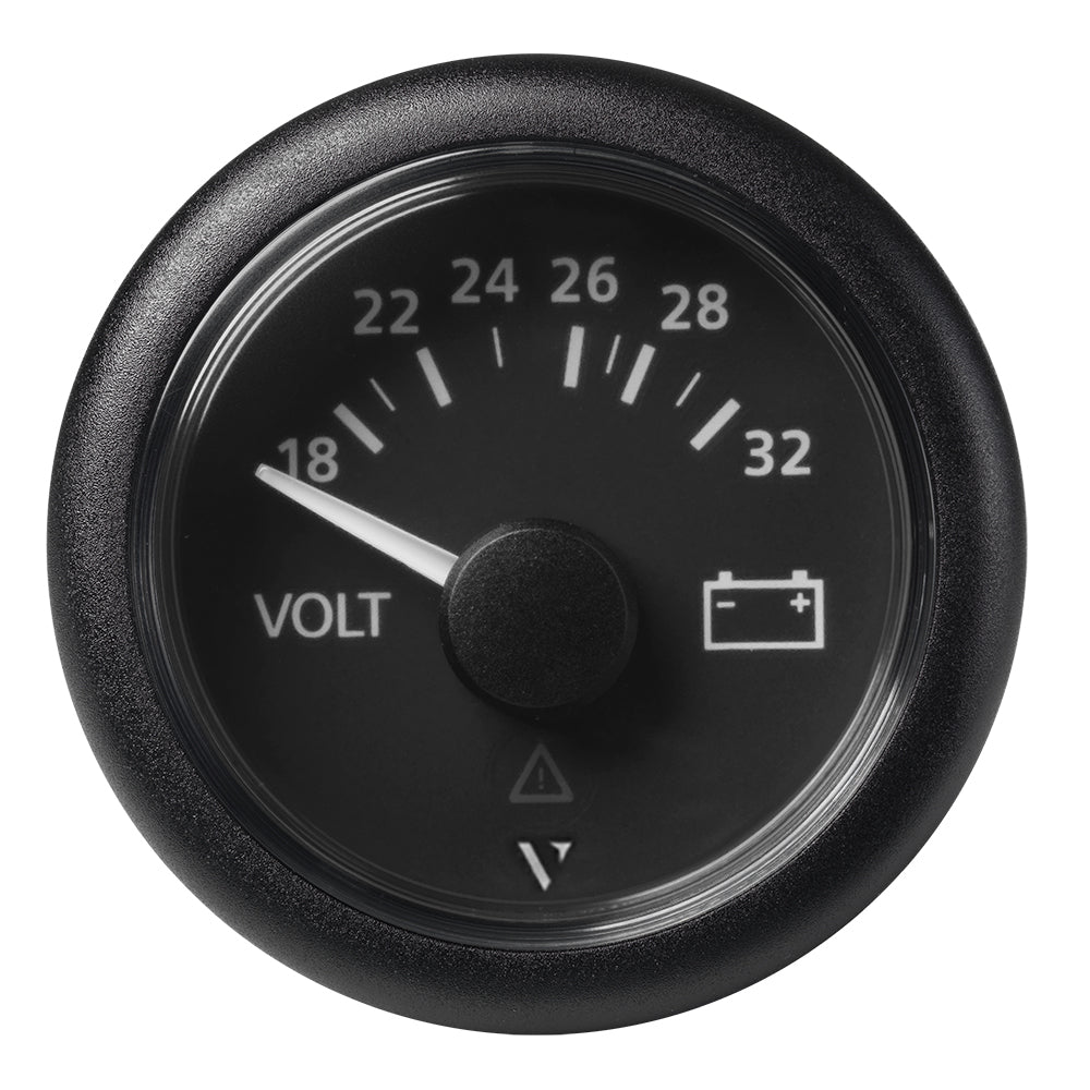 Veratron 52mm Viewline voltmeter with black dial and bezel, measuring 18-32V, for automotive or marine gauge installation