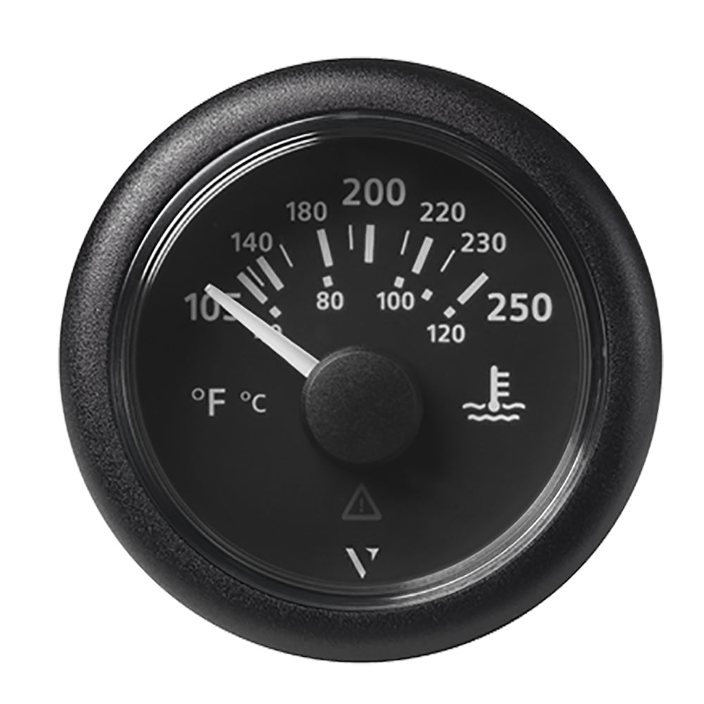 Veratron 52mm ViewLine water temperature gauge with black dial bezel, showing temperature range 100-250°F, for automotive use.