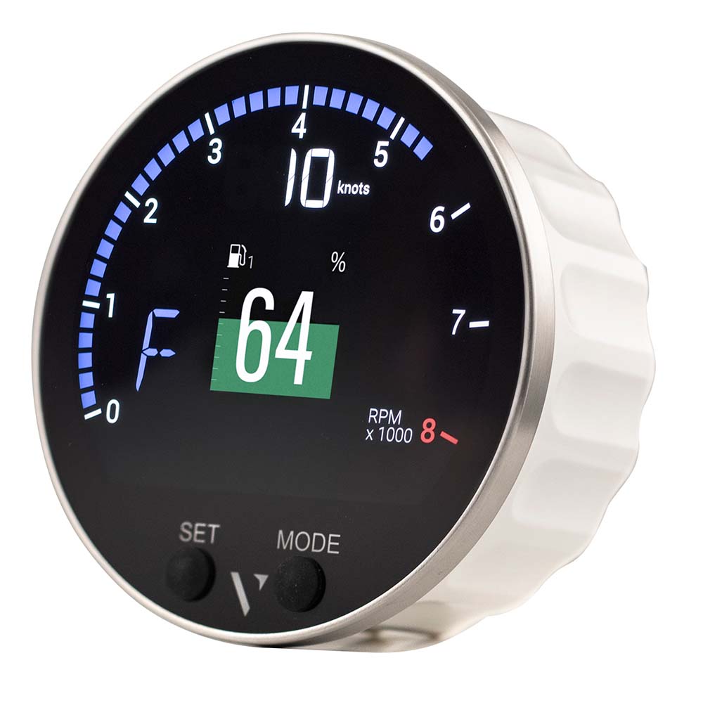 Veratron 85mm (3-3/8") VMH-35 multifunction gauge showing digital display and control dials in a vehicle dashboard.