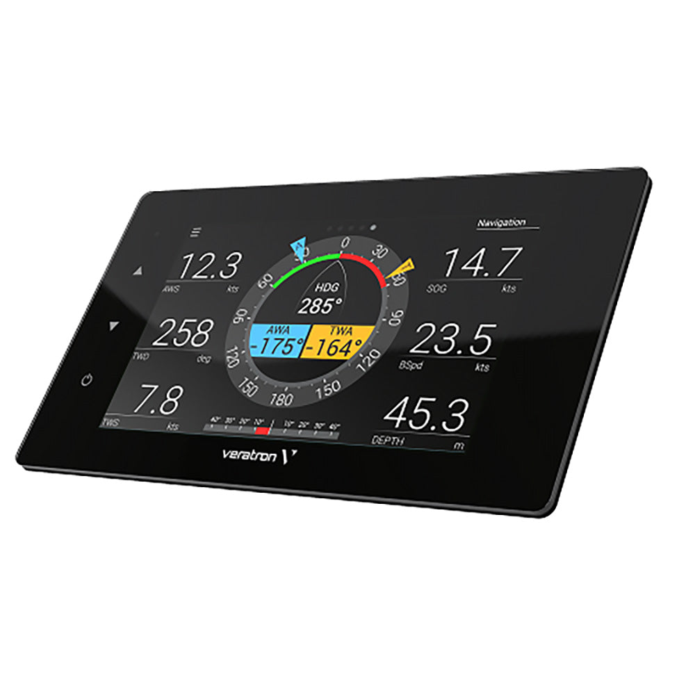 Veratron VMH 70 7-inch sunlight-readable IPS TFT touchscreen gauge display showing detailed interface and controls.