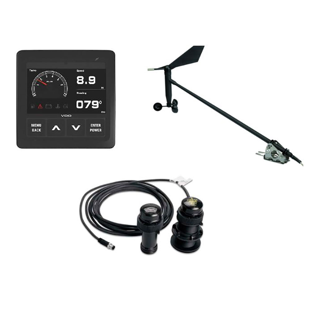Veratron navigation kit for sailboats with wind sensor, transducer, display, and connecting cables for marine navigation instruments.