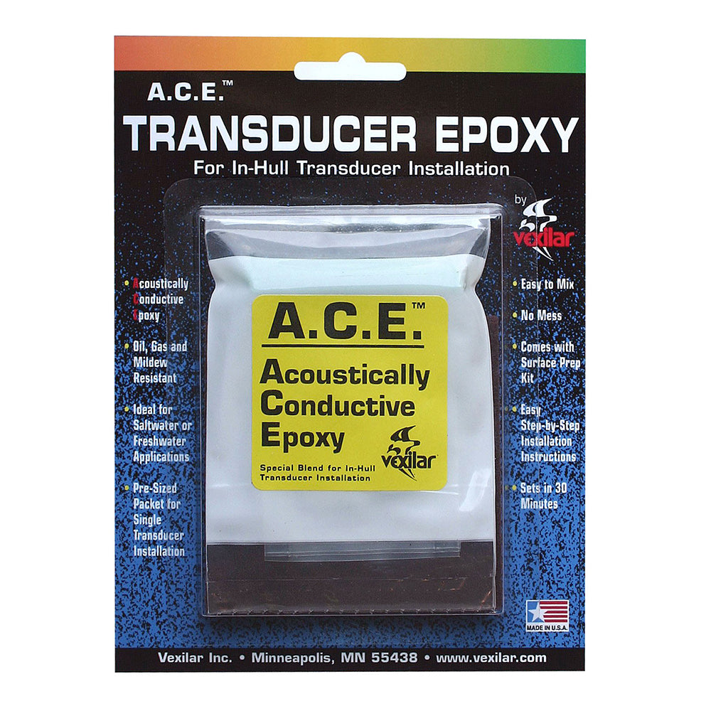 Vexilar A.C.E. Transducer Epoxy accessory for fish finders, shown in a clear close-up with packaging and tools.