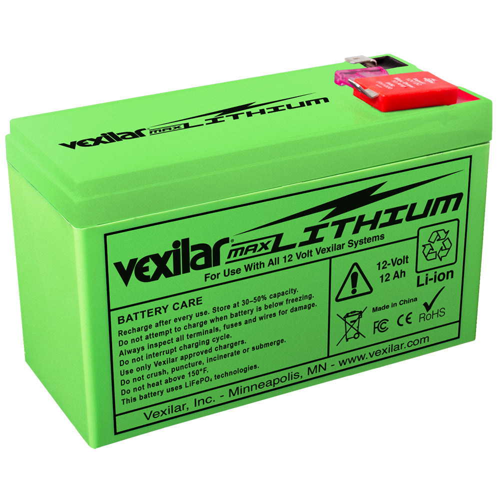 Vexilar 12V 12AH Max Lithium Battery for portable power, compact and lightweight battery for fishing and marine equipment.