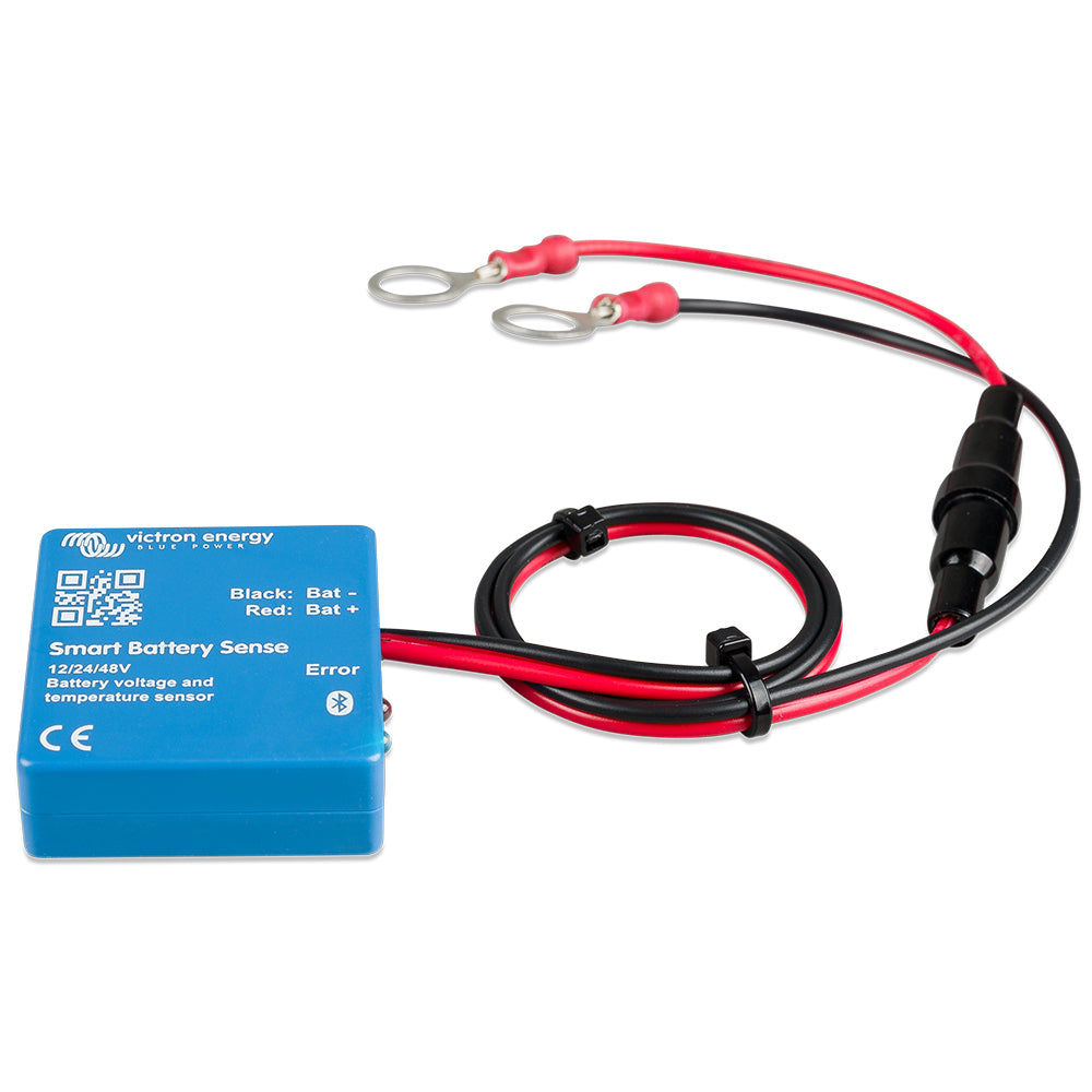 Victron Energy Smart Battery Sense long-range accessory, showing device with display and connection cables for battery monitoring.