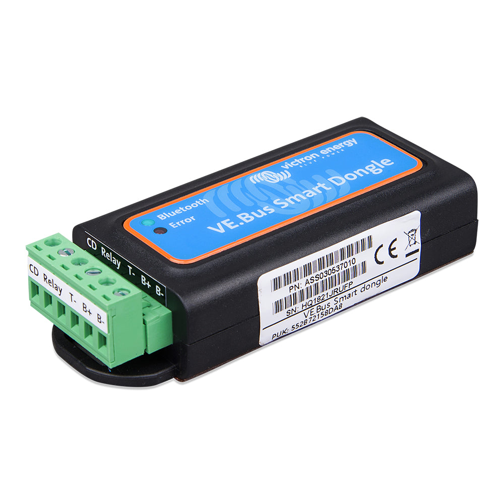 Victron Energy VE.Bus Smart Dongle accessory, shown connected to Victron device, enabling remote monitoring and communication.