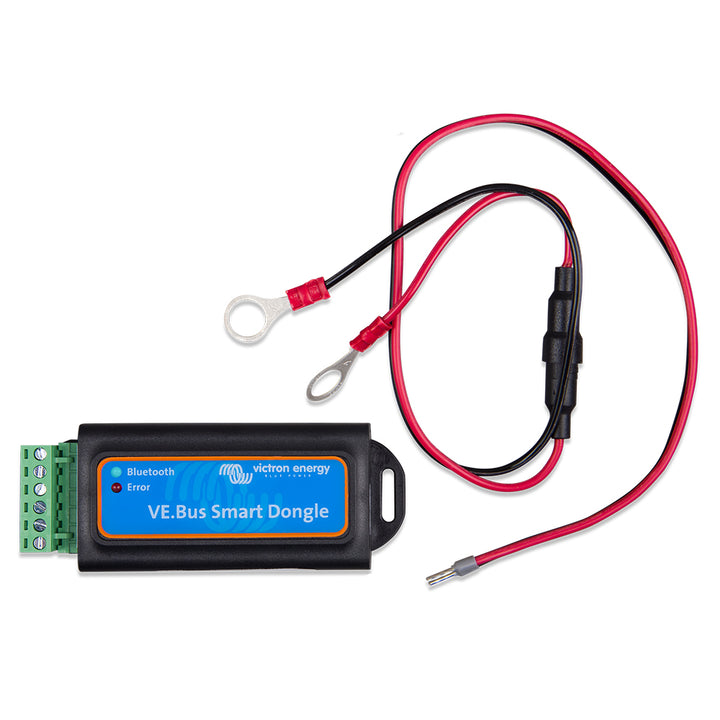 Victron Energy VE.Bus Smart Dongle accessory, shown with connectors and LED indicators for communication and monitoring.