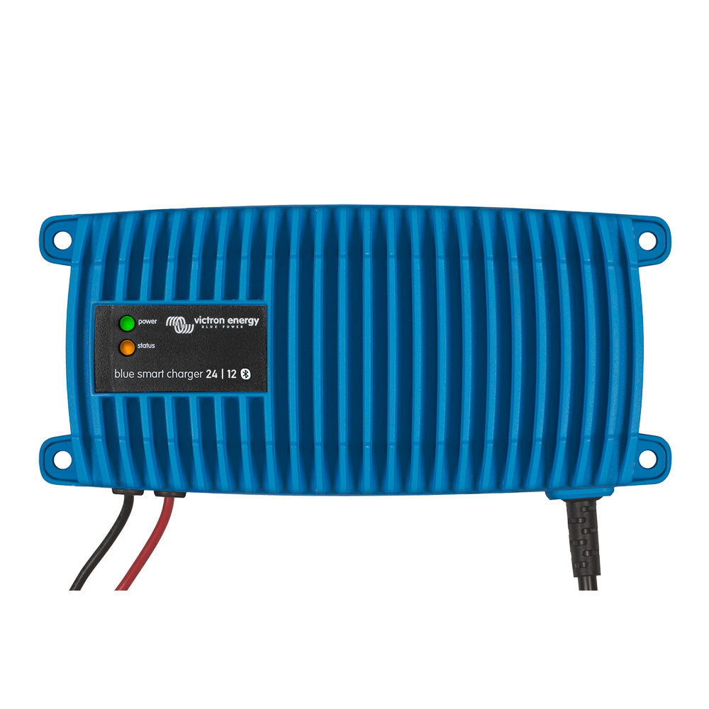 Victron Blue Smart IP67 waterproof battery charger for 24V/12V systems, UL approved, NEMA 5-15 plug, durable outdoor use.