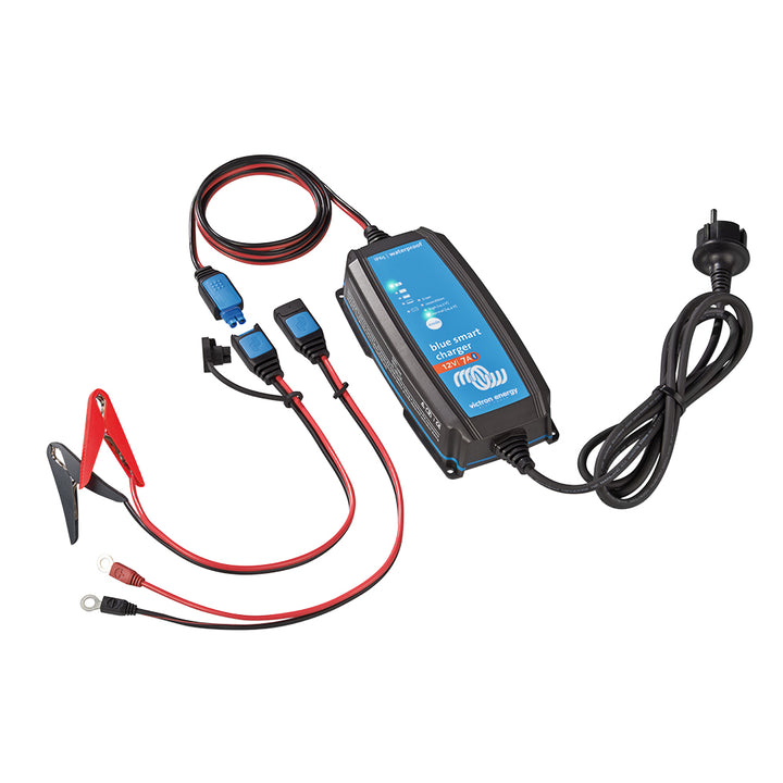 Victron BlueSmart IP65 12V 7Amp battery charger with 120VAC plug, weatherproof design by Victron Energy for reliable charging.
