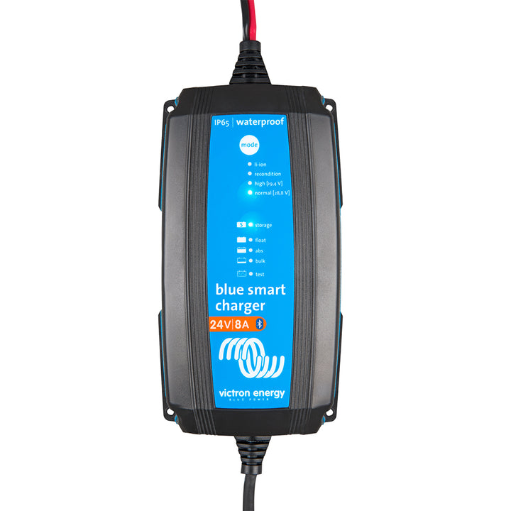 Victron BlueSmart IP65 24V DC battery charger with 8A output, waterproof design, and UL approval for reliable charging.