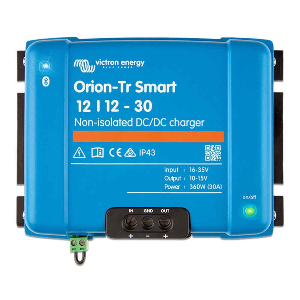 Victron Energy Orion-TR Smart 12/12-30 30A non-isolated DC-DC battery charger with digital display and connection ports.