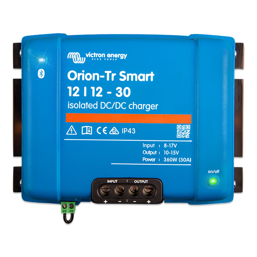 Victron Orion-TR Smart 12/12-30 30A isolated DC-DC battery charger by Victron Energy, showing digital display and compact design.