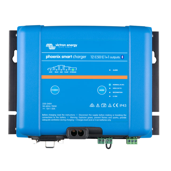 Victron Energy Phoenix Smart IP43 12/50 battery charger with 1+1 output, suitable for 120-240VAC, requires 5-15P mains cord