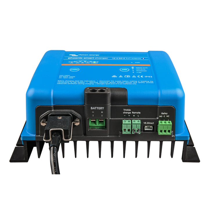 Victron Energy Phoenix Smart IP43 Battery Charger 12/50 1+1 with 120-240VAC input and 5-15P mains cord, compact and reliable design.