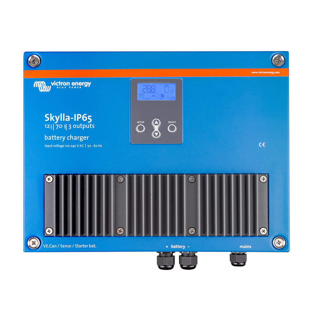 Victron Skylla-IP65 12/70 3-bank battery charger from Victron Energy, showing the compact unit with control panel and connection ports.