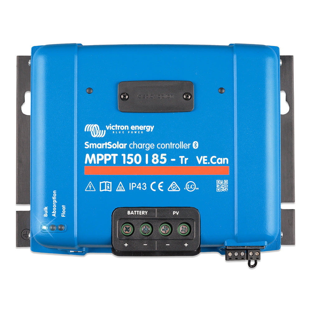 Victron Smart Solar MPPT 150/85-TR VE.Can battery charger from Victron Energy, with digital display and connection ports visible.