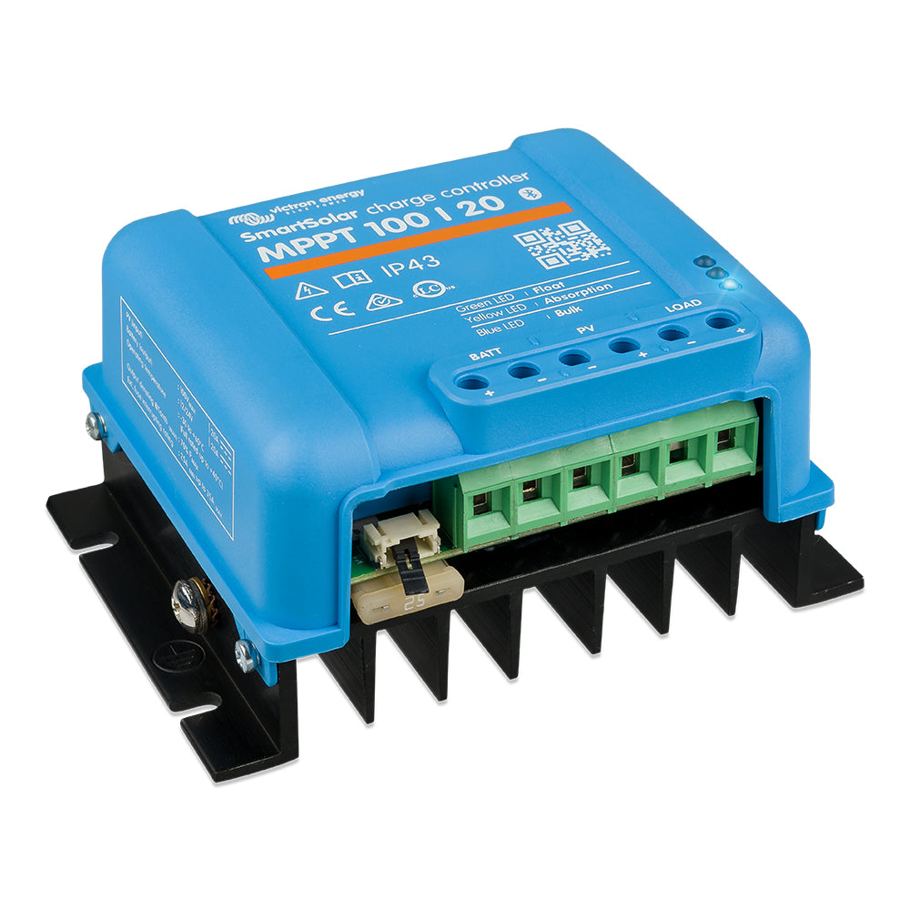 Victron SmartSolar MPPT 100/20 battery charger from Victron Energy for up to 48 VDC, UL approved, with digital display and solar compatibility.