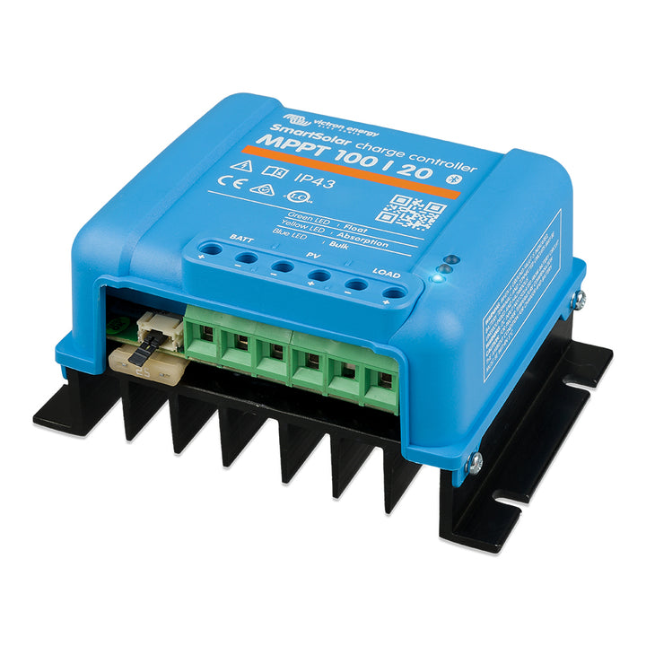 Victron Energy SmartSolar MPPT 100/20 battery charger with LCD display and UL approval, suitable for up to 48 VDC solar systems.