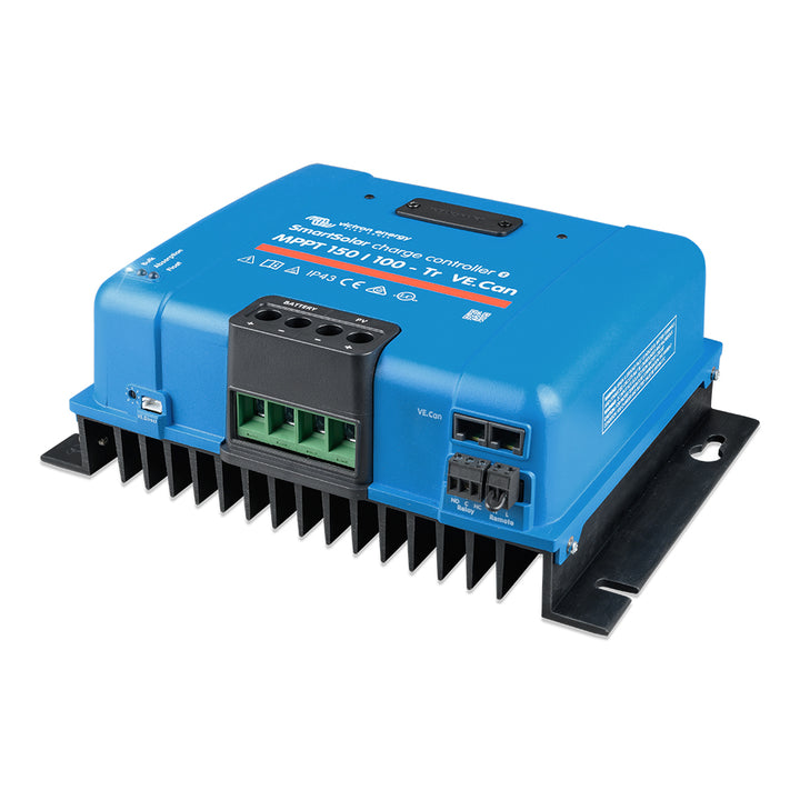 Victron Energy SmartSolar MPPT 150/100-TR VE.Can battery charger with digital display and VE.Can port for solar energy optimization.
