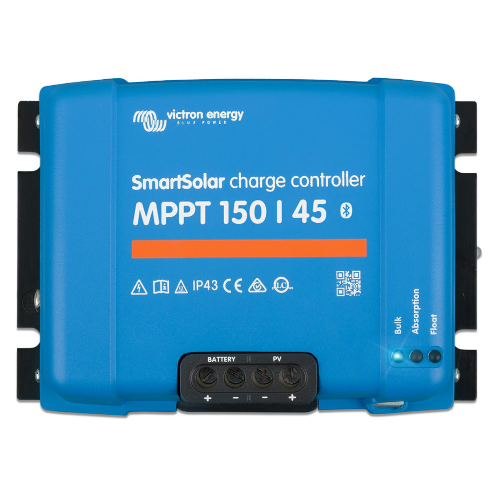 Victron SmartSolar MPPT 150/45 solar charge controller for battery charging, with digital display and connection terminals.