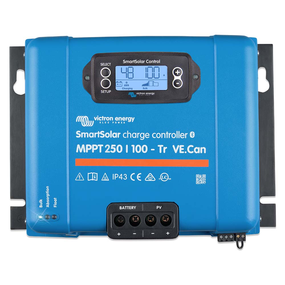 Victron SmartSolar MPPT Solar Charge Controller showing digital display and connection ports, UL approved, for efficient solar energy management.