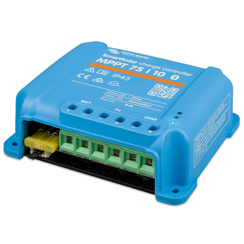 Victron Energy SmartSolar MPPT solar charge controller with 75V and 10Amp capacity for efficient battery charging.