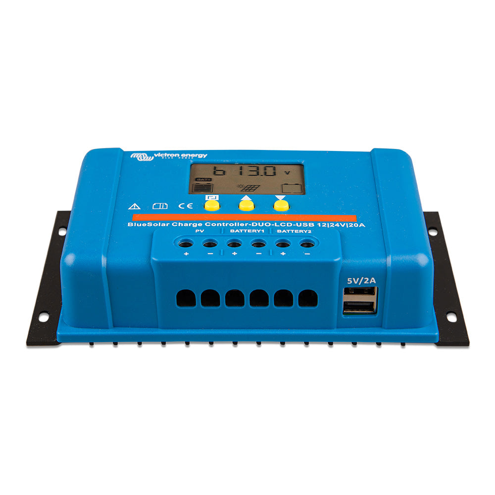 Victron BlueSolar PWM Charge Controller DUO with LCD display and USB port for 12/24V DC battery management, 20A capacity.