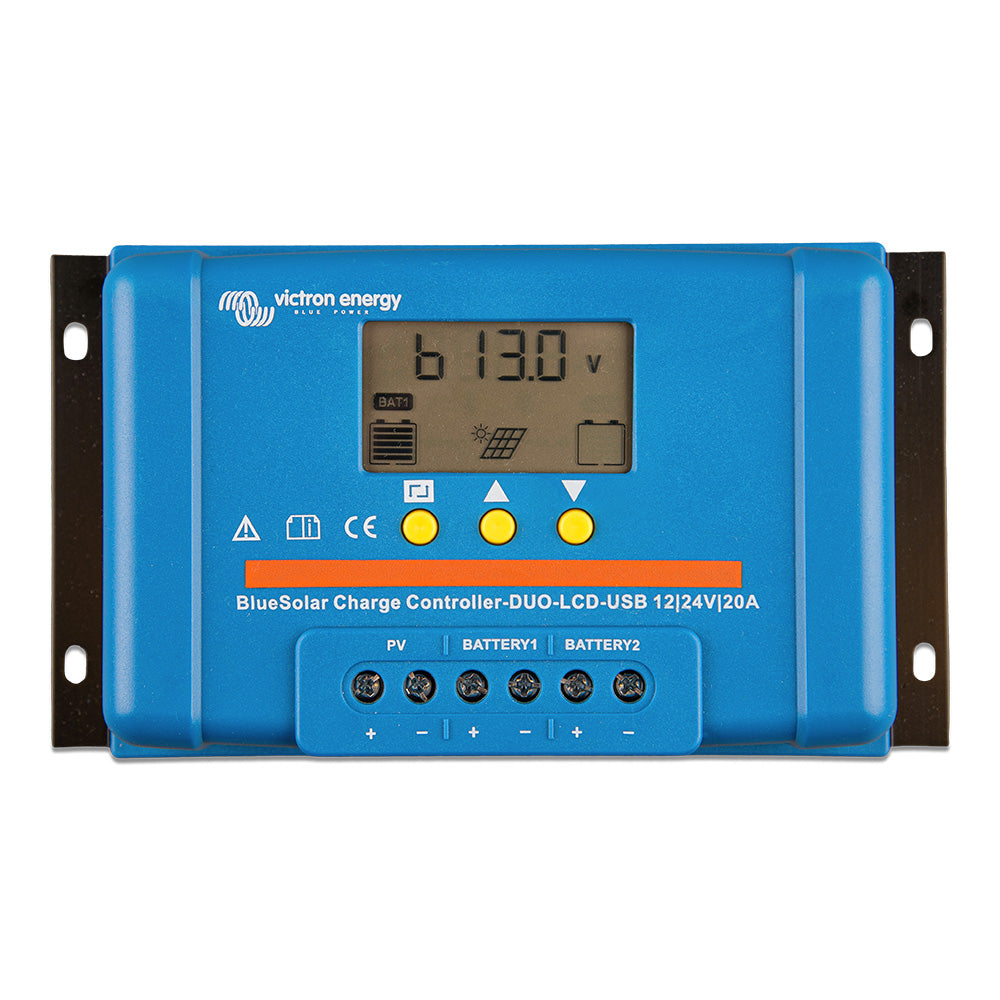 Victron BlueSolar PWM Charge Controller DUO with LCD display and USB port for 12/24V DC batteries, 20A capacity.