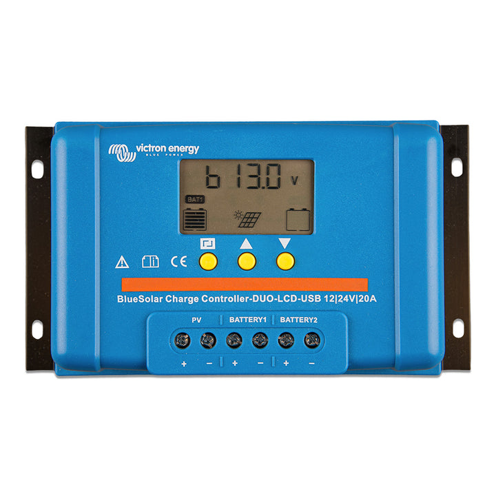Victron BlueSolar PWM Charge Controller DUO with LCD display and USB port for 12/24V DC batteries, 20A capacity.