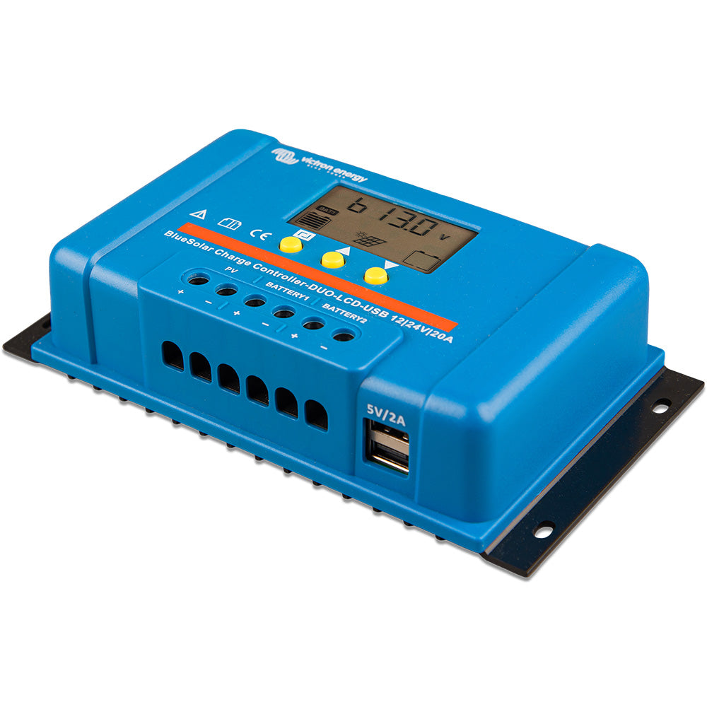 Victron BlueSolar PWM Charge Controller DUO with LCD display and USB port for 12/24V DC batteries, 20A capacity.