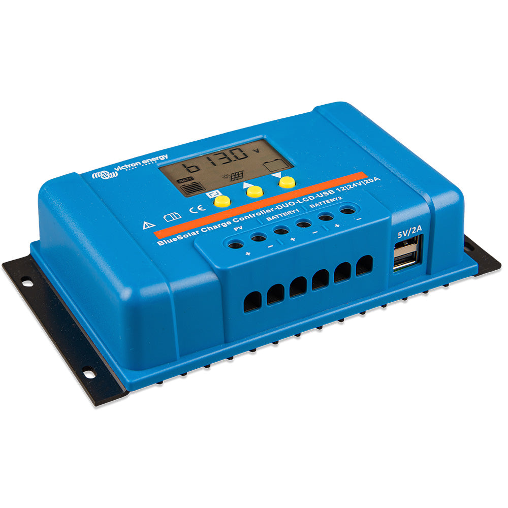 Victron BlueSolar PWM Charge Controller DUO with LCD display and USB port, suitable for 12/24VDC batteries, 20A capacity.