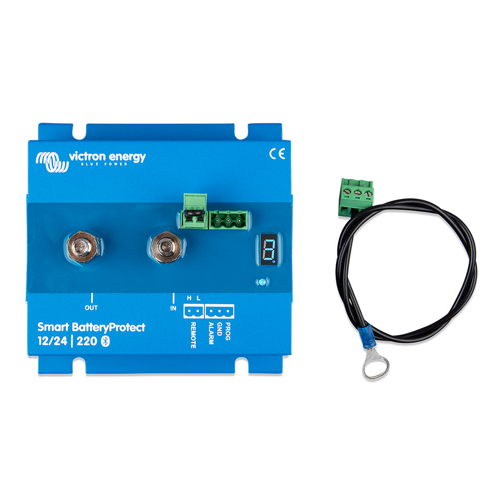 Victron Smart BatteryProtect 220AMP battery management system with Bluetooth, showing display and connection ports for 6-35 VDC.