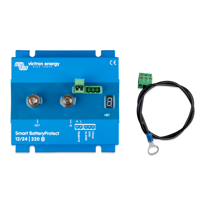 Victron Smart BatteryProtect 220AMP battery management system with Bluetooth, showing display and connection ports for 6-35 VDC.