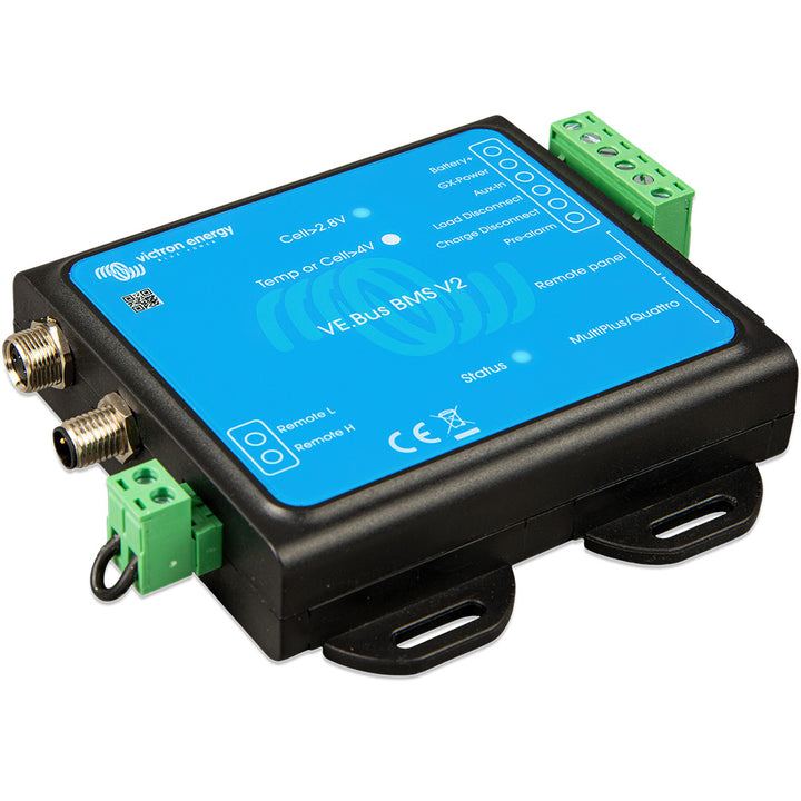 Victron Energy VE.Bus BMS V2 for 12-48V LiFePO4 batteries, compatible with all VE.Bus GX devices, shown with connection ports.