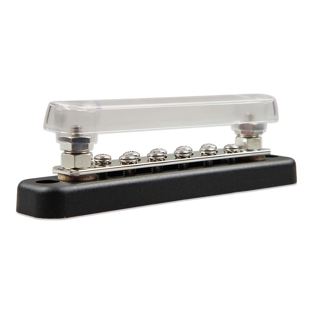 Victron Energy 150A 2-Pole Busbar with cover and 10 screws, used for electrical connections and circuit organization.