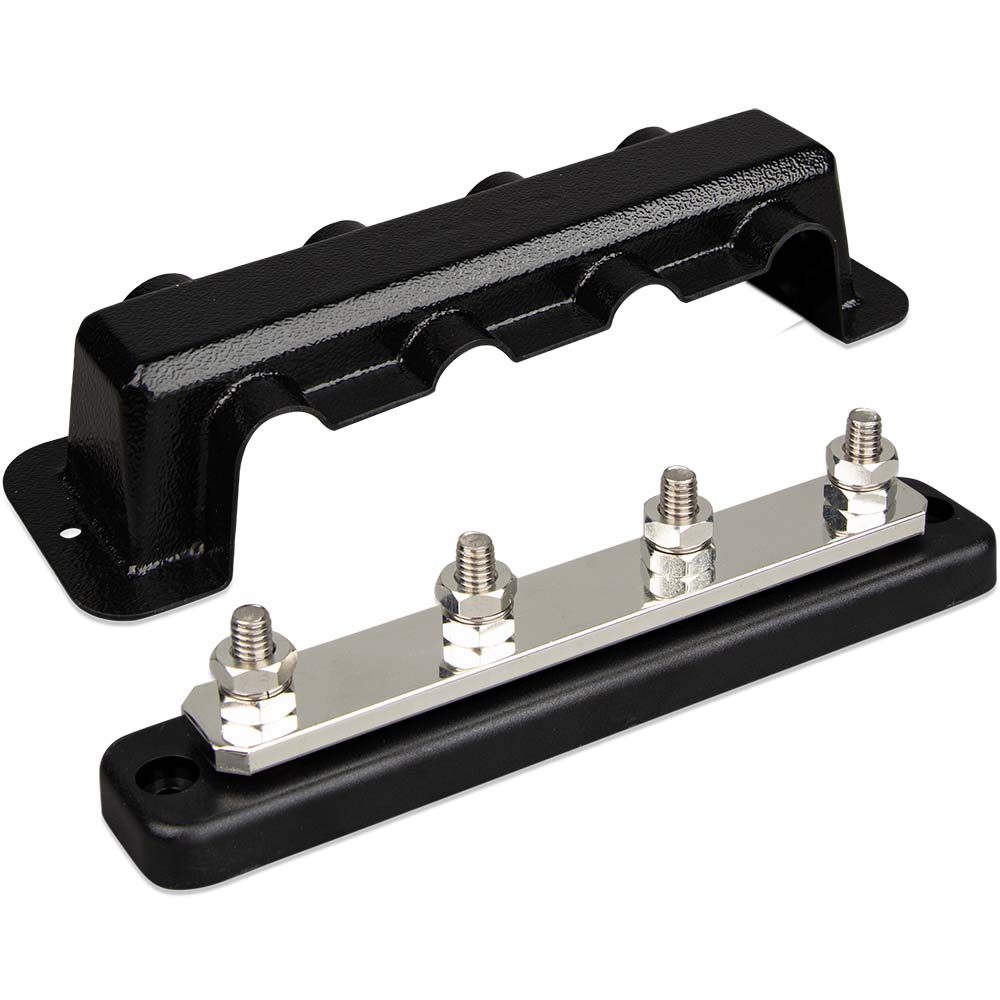 Victron Energy 250A 4P busbar with cover and four 5/16" terminal holes, used for electrical connections and power distribution.
