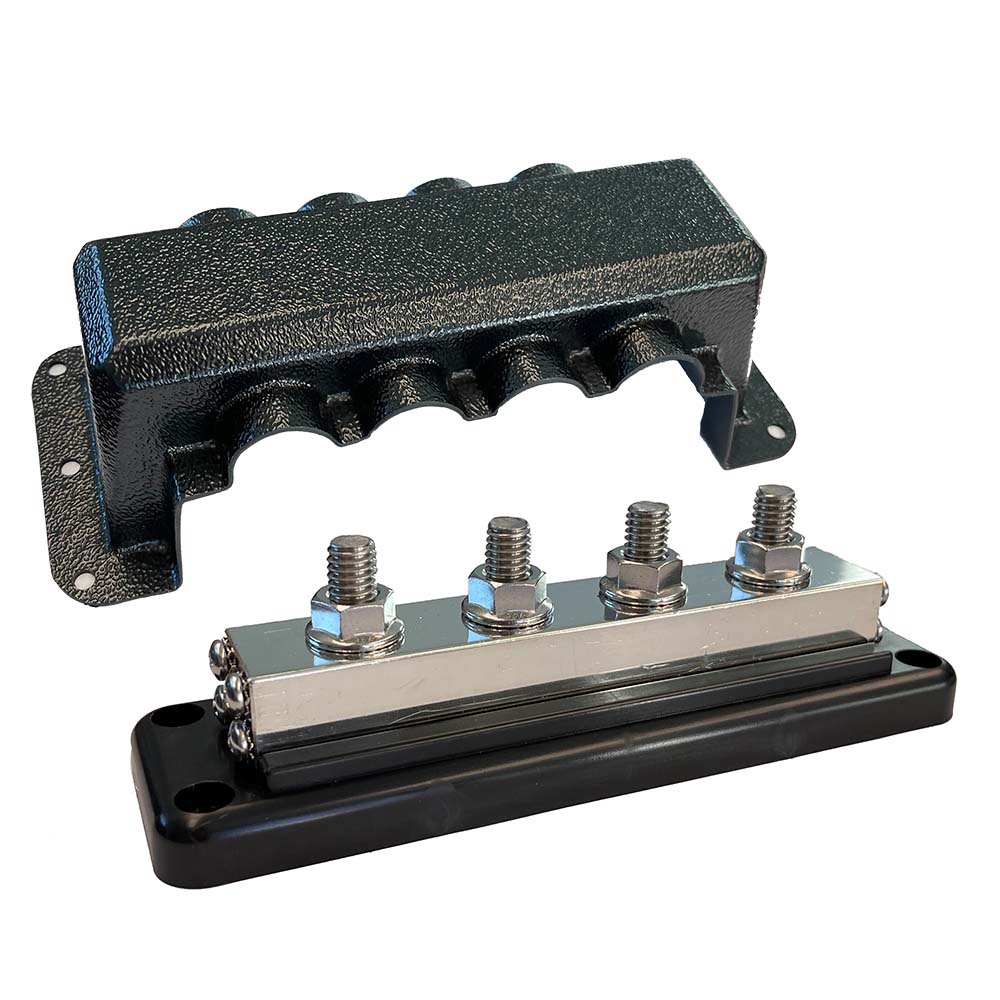Victron Energy 600A 4-pole busbar with cover, 4x 3/8" terminals, and 4x M8 terminals for electrical connections.