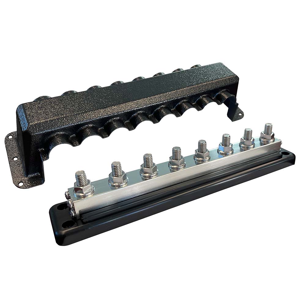 Victron Energy 600A 8P busbar with cover, 8x 3/8" terminals, and 8x M8 connectors for electrical distribution and power connections.