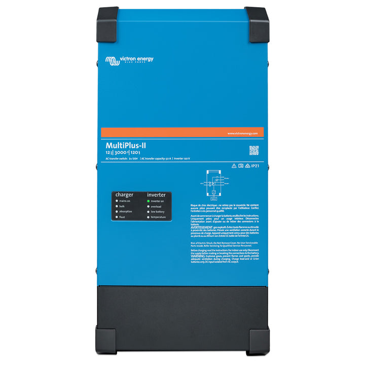 Victron Energy MultiPlus-II 12/3000 charger and inverter combo with dual 120V outlets, UL approved, and compact design.
