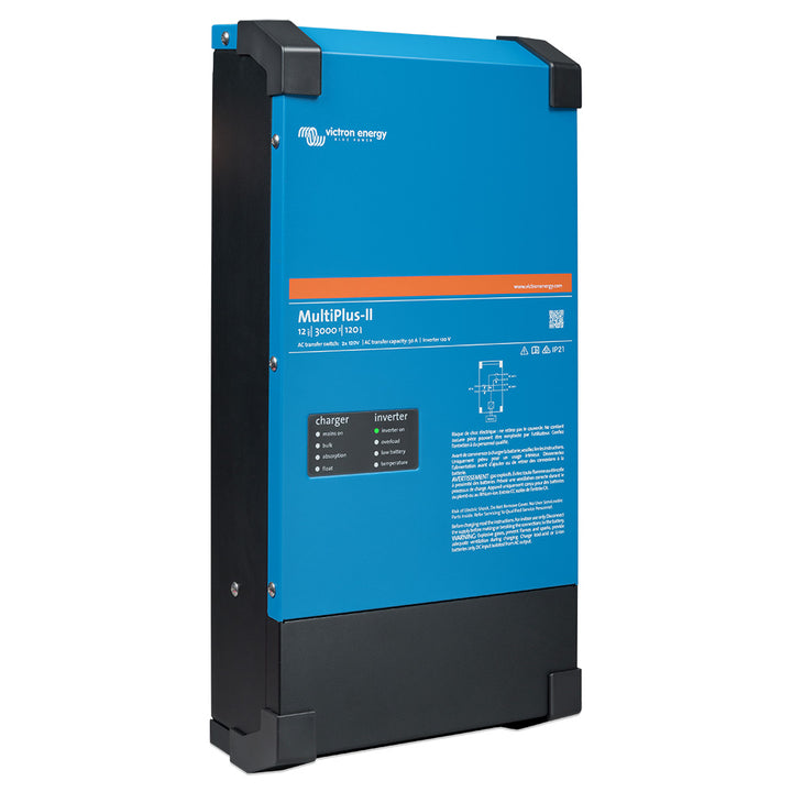 Victron Energy MultiPlus-II 12/3000 inverter charger combo with dual 120V outlets and UL approval, shown in a professional setup.
