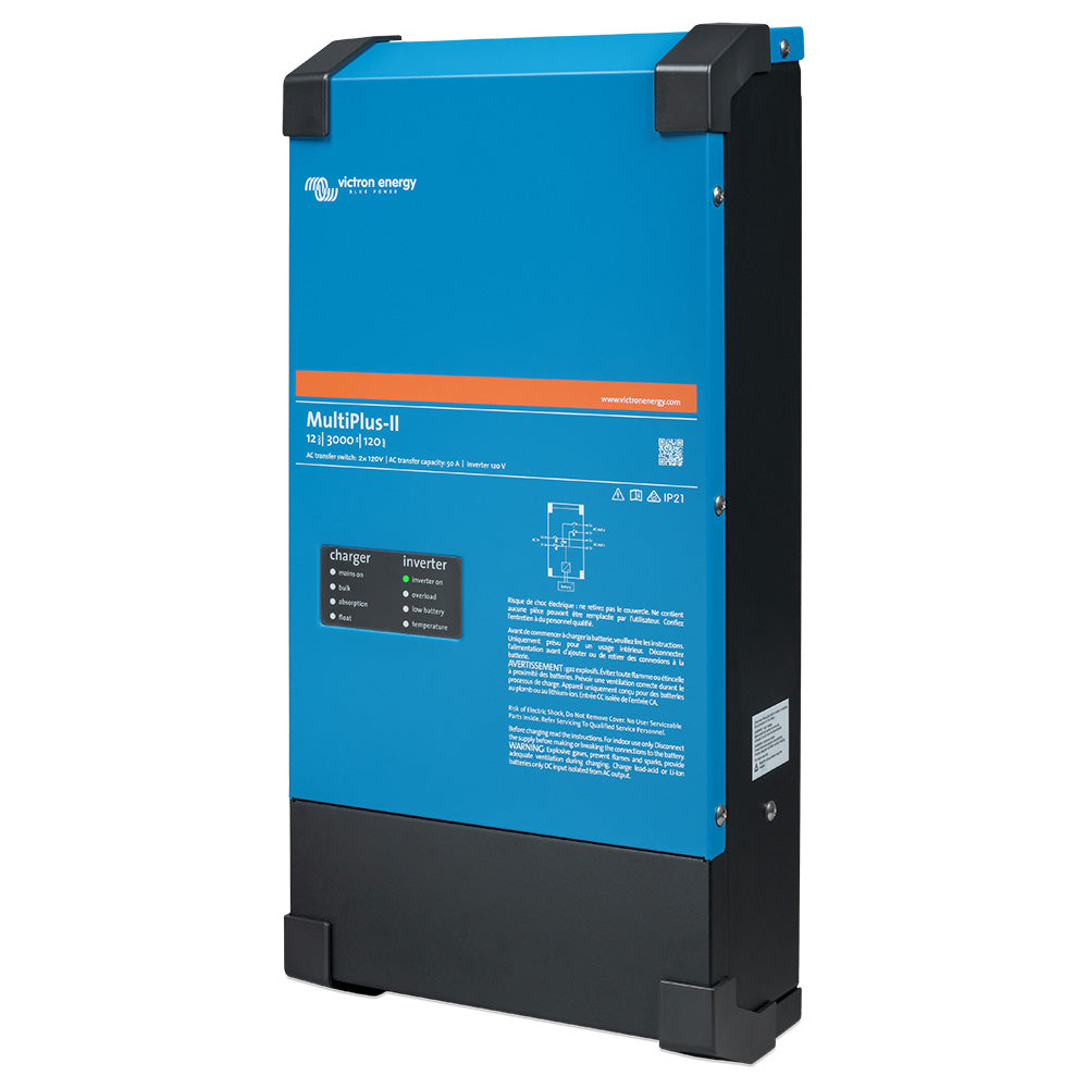 Victron Energy MultiPlus-II 12/3000 charger inverter combo with dual 120V outlets, UL approved, shown in a professional product image.