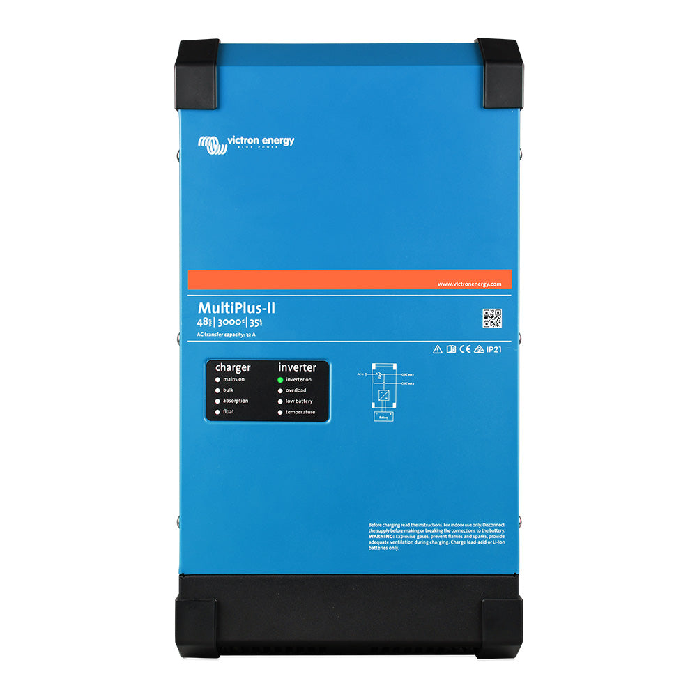 Victron MultiPlus-II 48/3000 charger inverter combo from Victron Energy, UL approved, showing the device with display and connection ports.